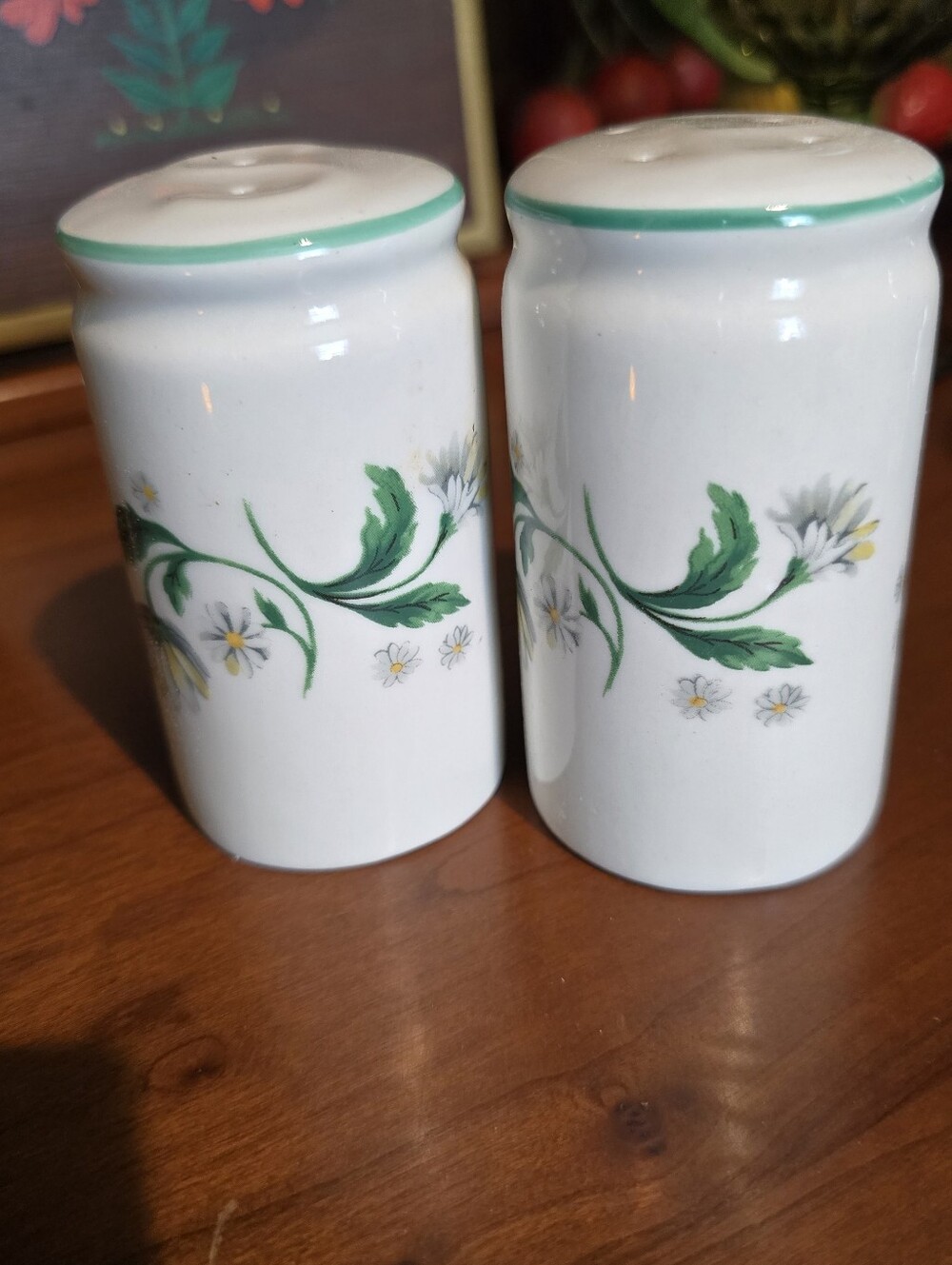 Vintage Ceramic Salt and Pepper Shakers with Green Floral Trim